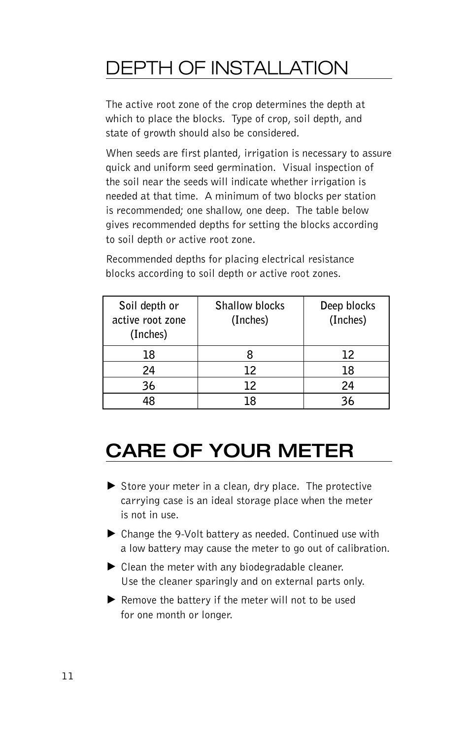 Depth of installation, Care of your meter | Delmhorst Instrument KS-D1 User Manual | Page 12 / 16