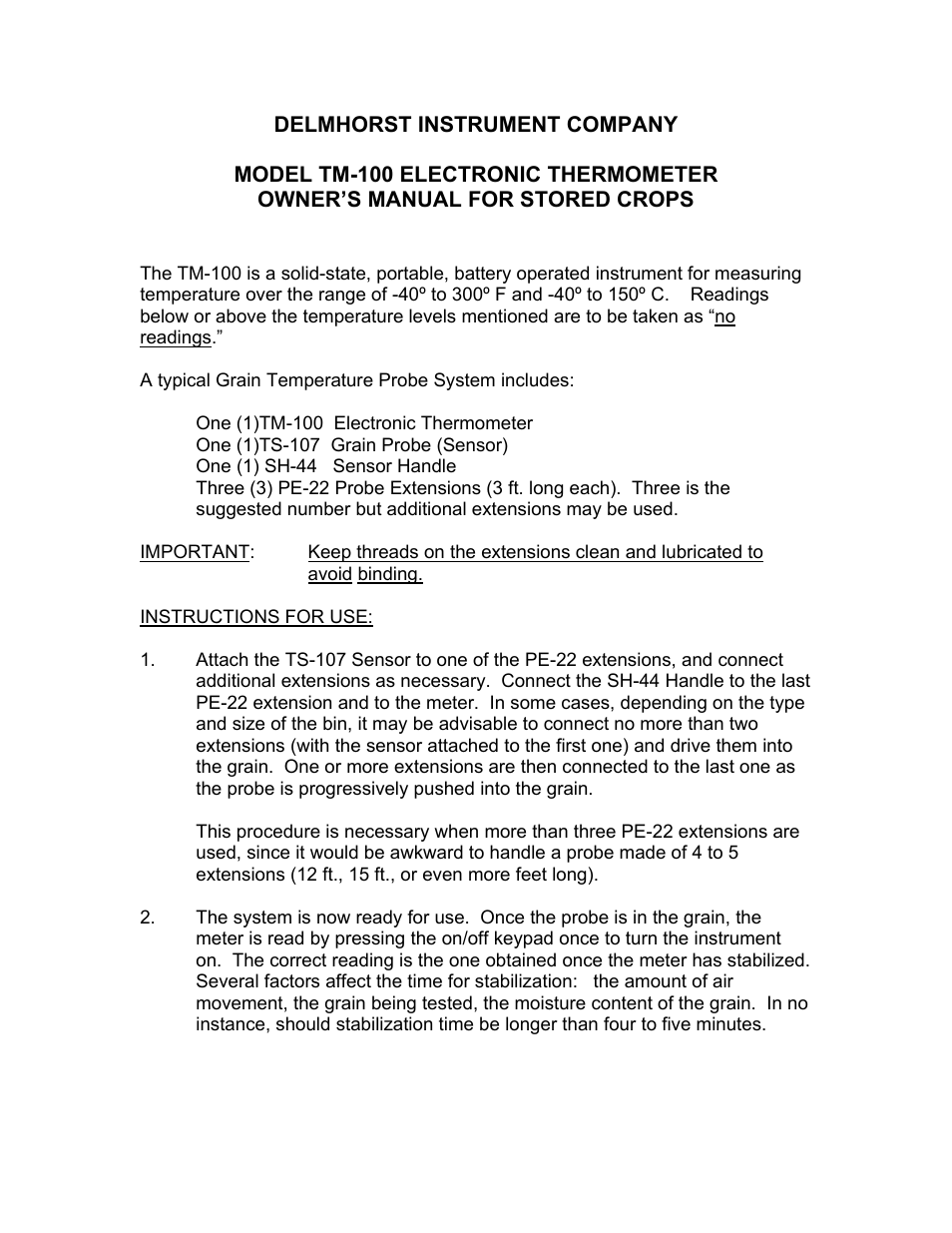 Delmhorst Instrument TM-100 User Manual | 2 pages