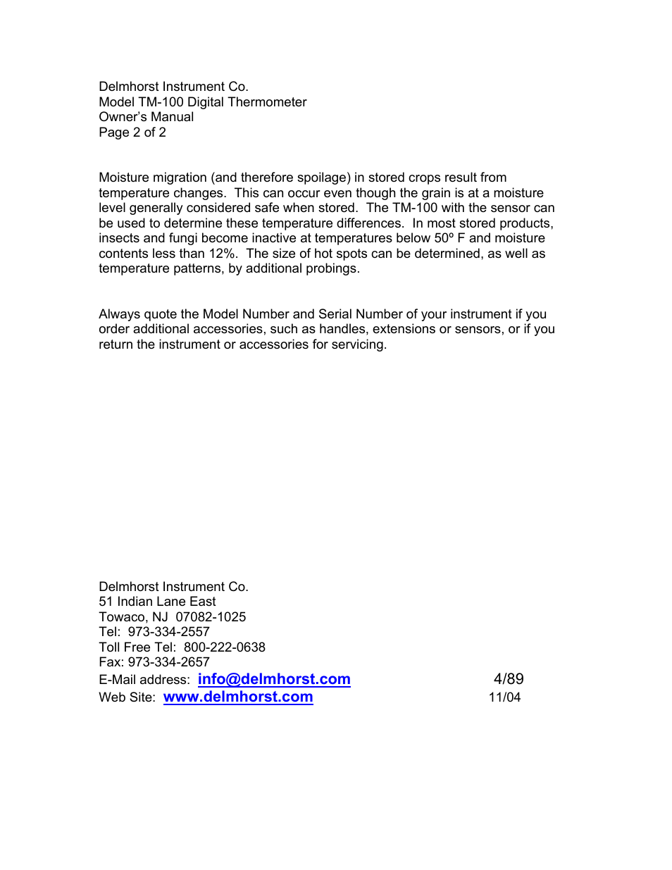 Delmhorst Instrument TM-100 User Manual | Page 2 / 2