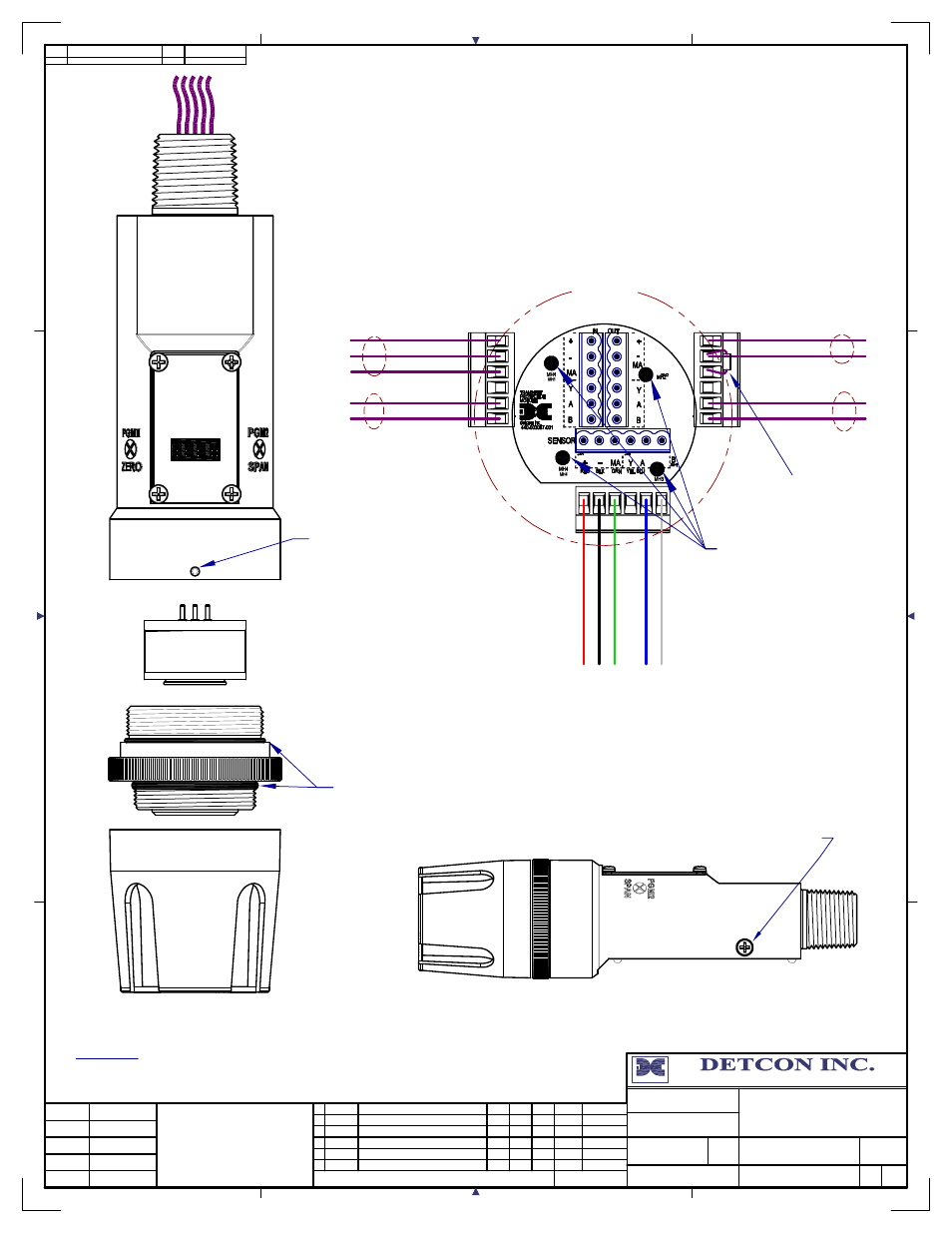 32 threaded ground point, Customer supplied wiring (in), Customer supplied wiring (out to next device) | Tp-700 series breakaway and wiring, Power to next device, Power from and 4-20ma out to control device | Detcon TP-700 User Manual | Page 43 / 48