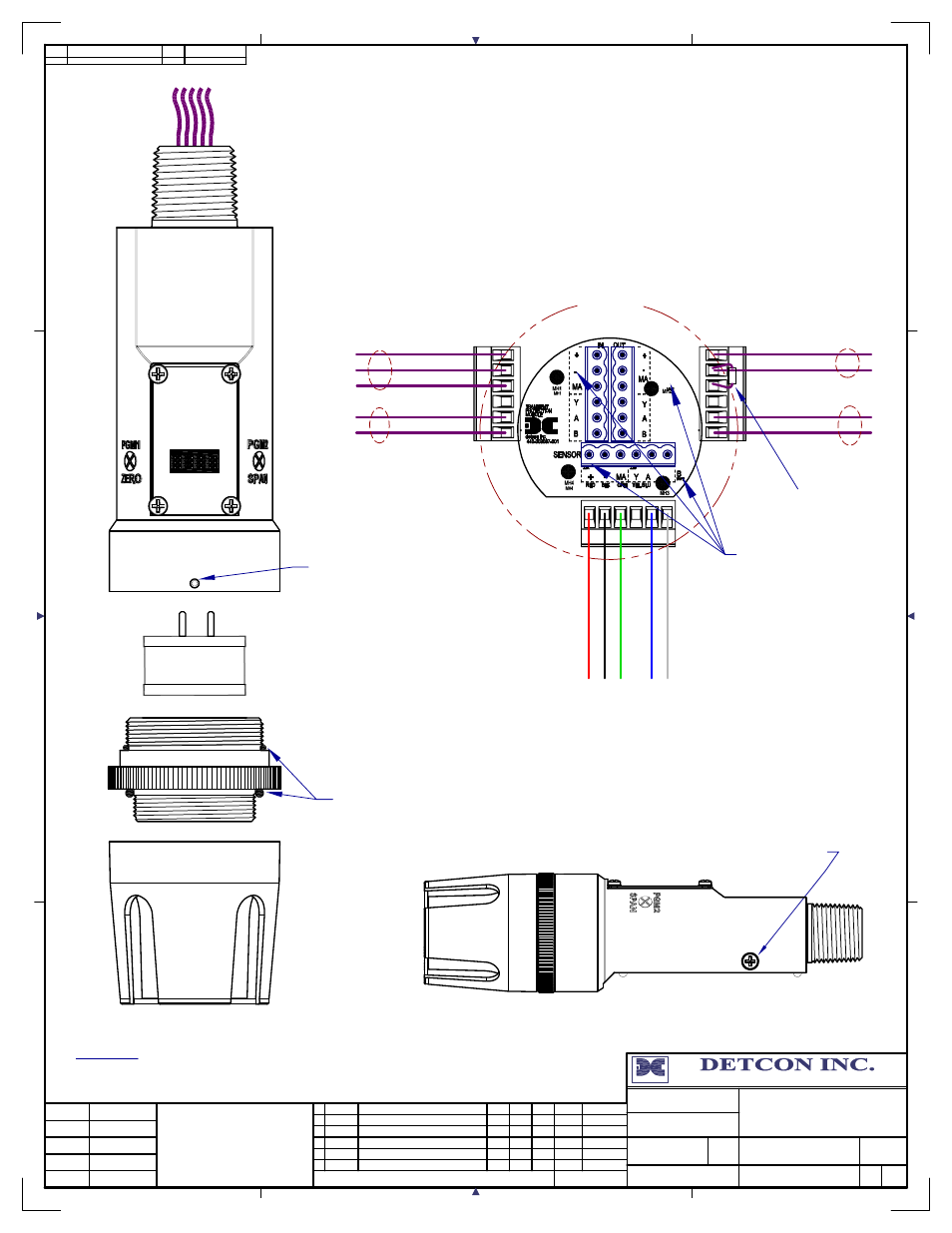 32 threaded ground point, Customer supplied wiring (in), Customer supplied wiring (out to next device) | Fp-700 series breakaway and wiring, Power to next device, Power from and 4-20ma out to control device | Detcon FP-700 User Manual | Page 45 / 50