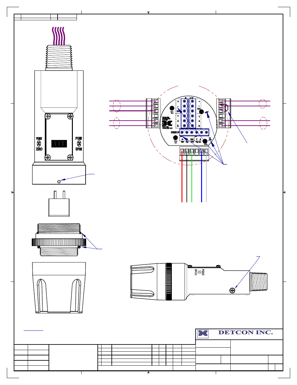 32 threaded ground point, Customer supplied wiring (in), Customer supplied wiring (out to next device) | Ir-700 series, Breakaway and wiring, Power to next device, Power from and 4-20ma, Out to control device | Detcon IR-700 User Manual | Page 45 / 50