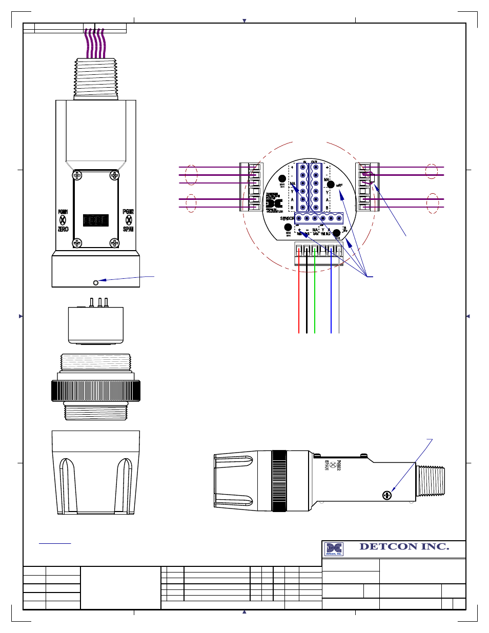 32 threaded ground point, Customer supplied wiring (out to next device), Customer supplied wiring (in) | Dm-700 series breakaway and wiring, Wiring to sensor assembly, Explosion proof junction box, Housing bottom locking set-screw | Detcon DM-700 User Manual | Page 53 / 58