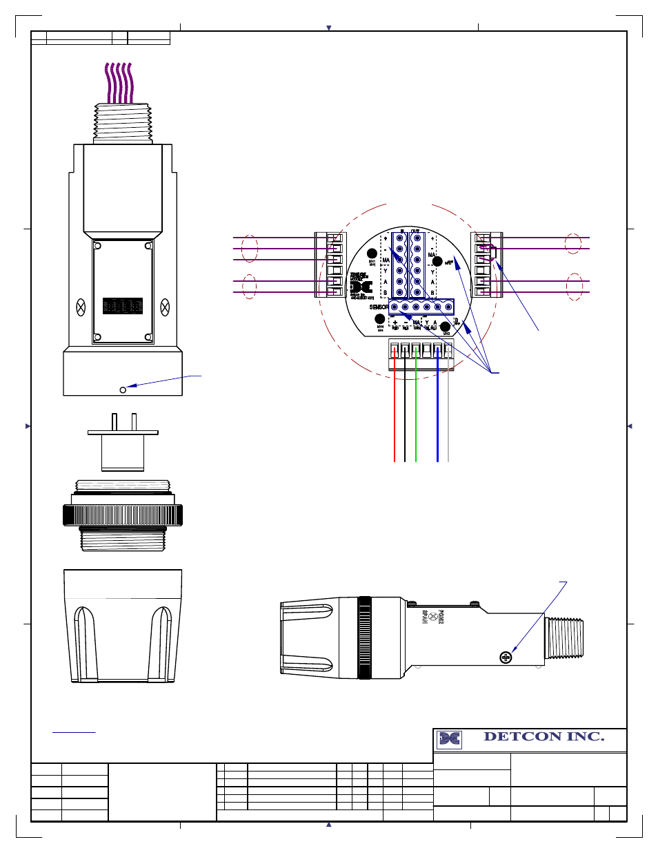 32 threaded ground point, Customer supplied wiring (in), Customer supplied wiring (out to next device) | Pi-700 series breakaway and wiring, Power to next device, Modbus rs-485 to host control device, Modbus rs-485 to next device, Power from and 4-20ma out to control device | Detcon PI-700 User Manual | Page 59 / 64