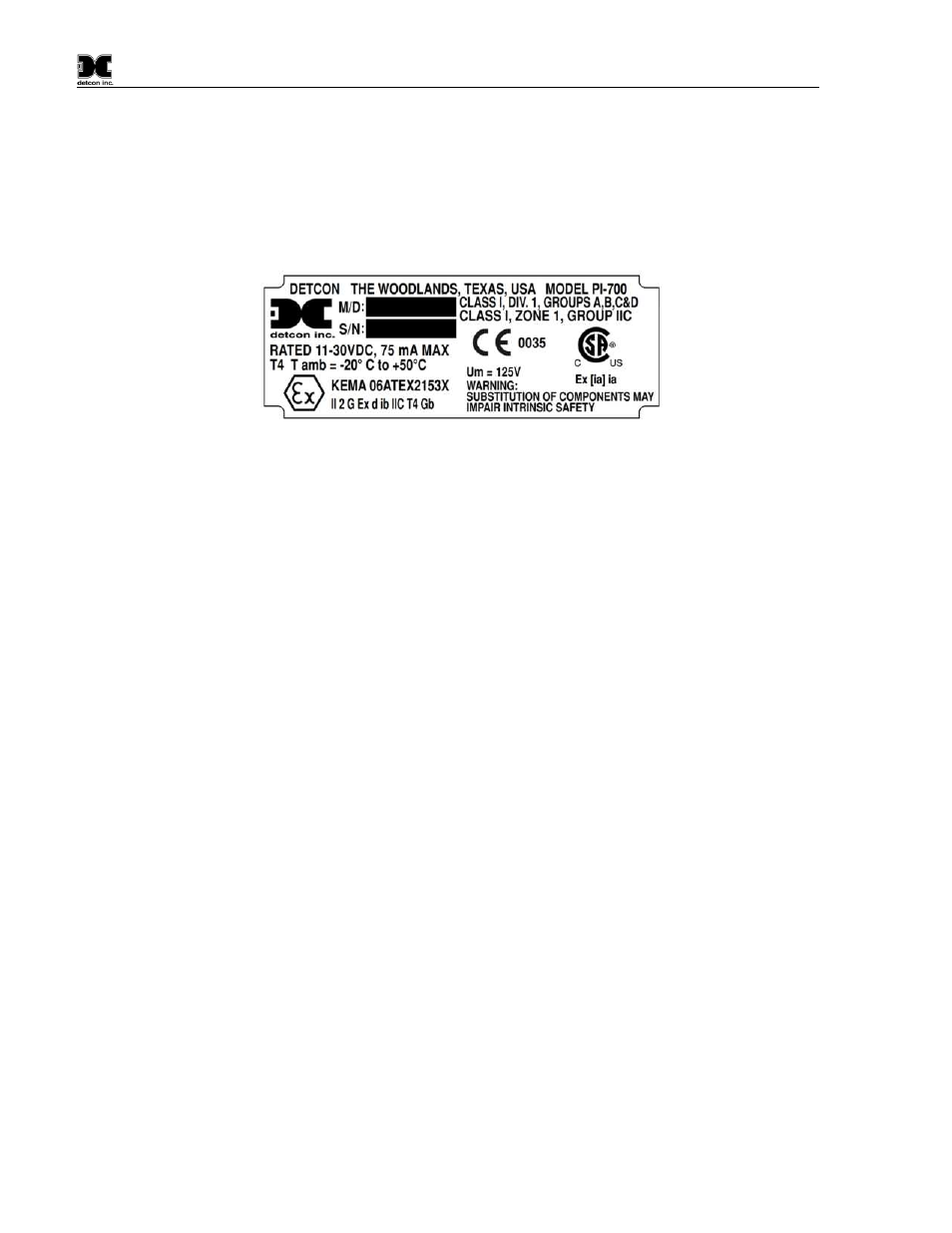 Installation, Atex operational guidelines for safe use, Figure 6 pi-700 atex approval label | 1 atex operational guidelines for safe use | Detcon PI-700 User Manual | Page 8 / 64