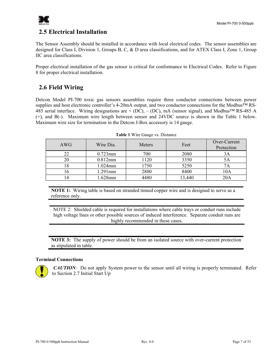 5 electrical installation, 6 field wiring, Electrical installation | Field wiring | Detcon PI-700 0-500ppb User Manual | Page 11 / 59