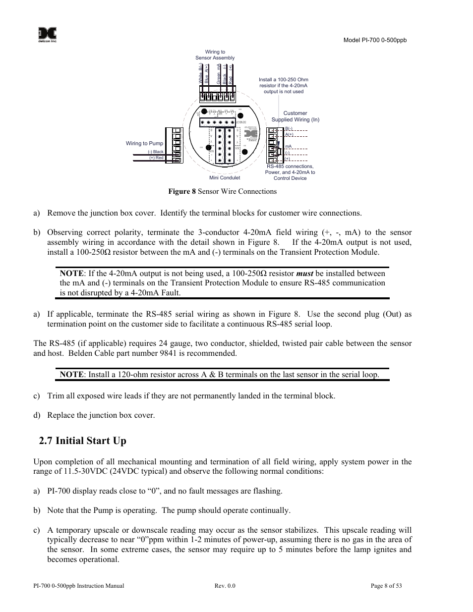 7 initial start up, Initial start up, Figure 8 sensor wire connections | Detcon PI-700 0-500ppb User Manual | Page 12 / 59