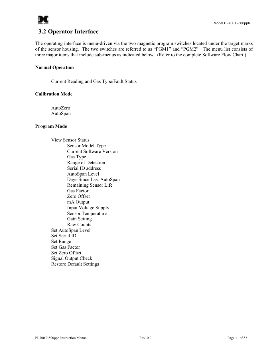 2 operator interface, Operator interface | Detcon PI-700 0-500ppb User Manual | Page 15 / 59