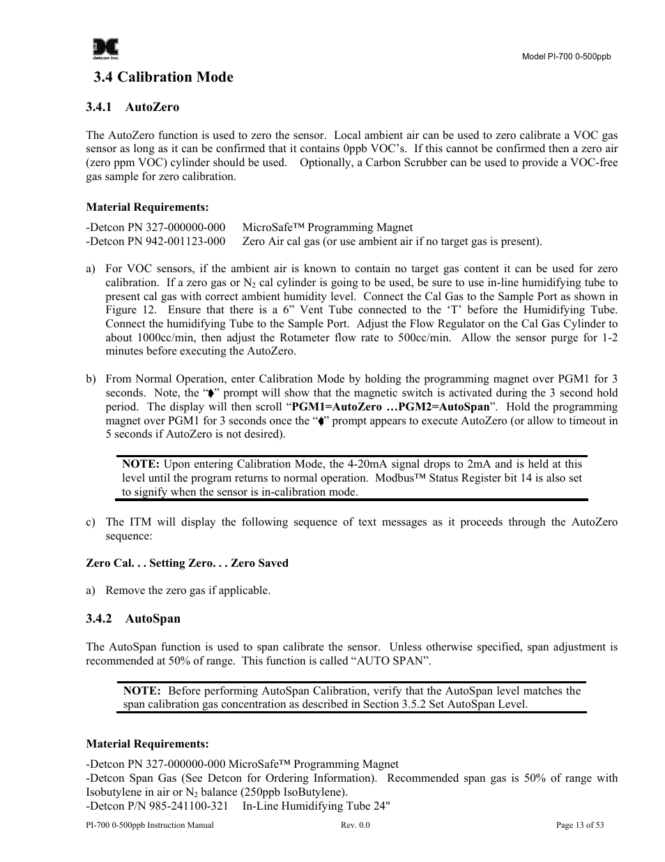 4 calibration mode, 1 autozero, 2 autospan | Calibration mode, Autozero, Autospan | Detcon PI-700 0-500ppb User Manual | Page 17 / 59