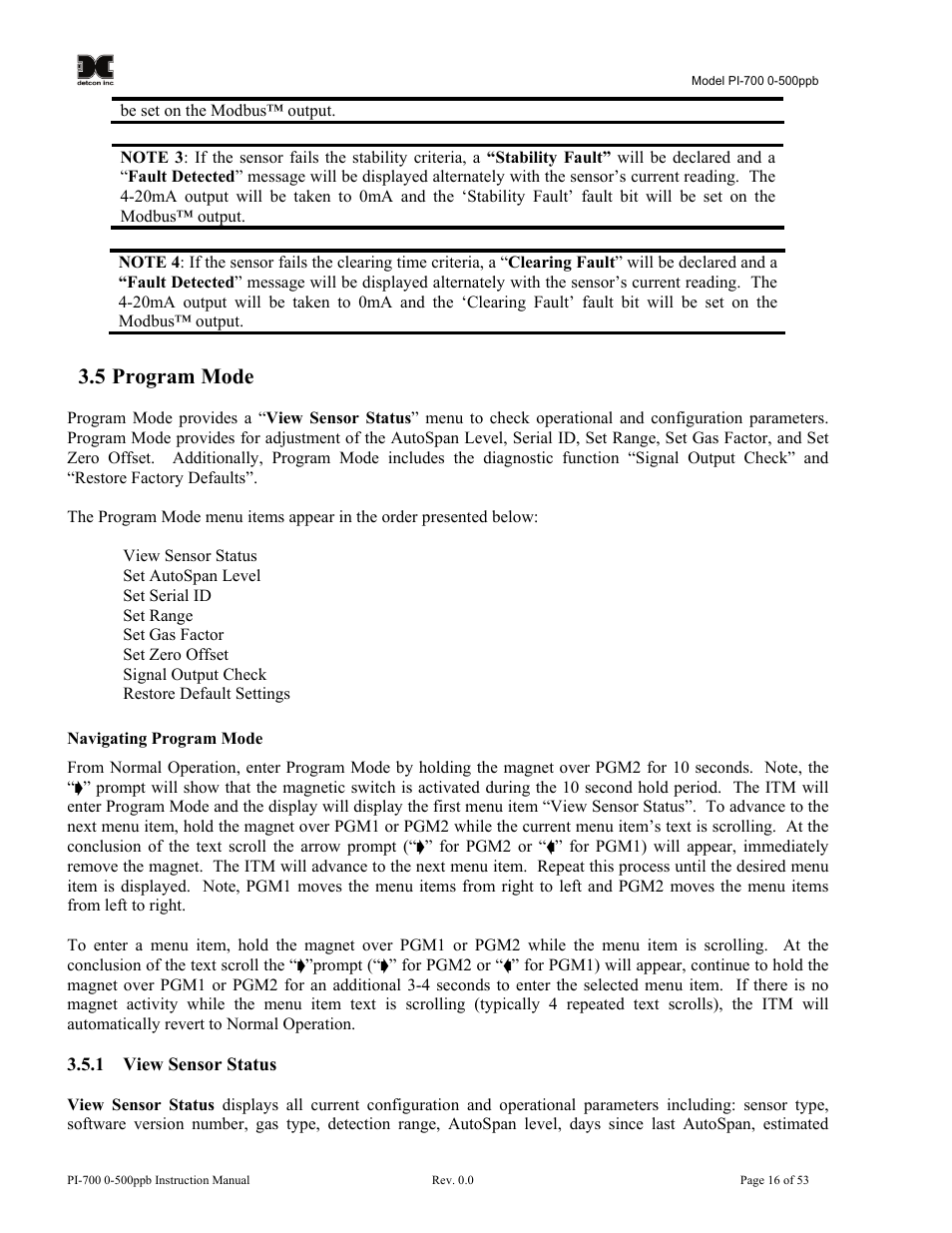 5 program mode, 1 view sensor status, Program mode | View sensor status | Detcon PI-700 0-500ppb User Manual | Page 20 / 59