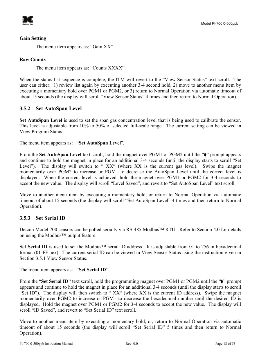 2 set autospan level, 3 set serial id, Set autospan level | Set serial id | Detcon PI-700 0-500ppb User Manual | Page 22 / 59