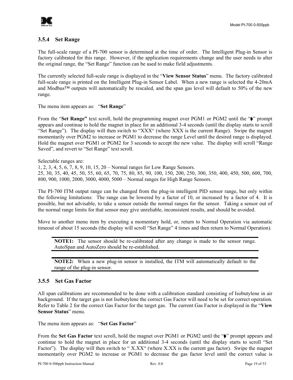 4 set range, 5 set gas factor, Set range | Set gas factor | Detcon PI-700 0-500ppb User Manual | Page 23 / 59