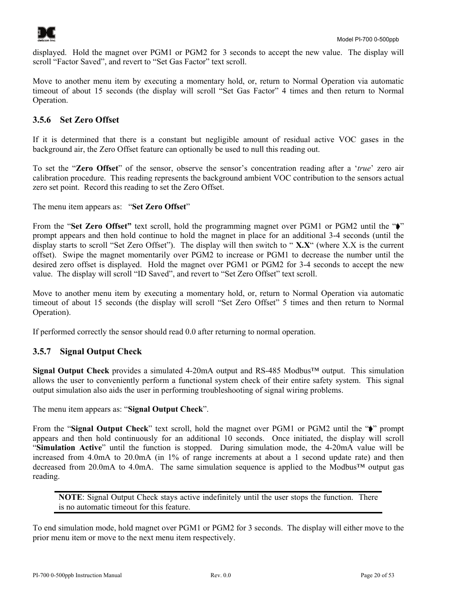 6 set zero offset, 7 signal output check, Set zero offset | Signal output check | Detcon PI-700 0-500ppb User Manual | Page 24 / 59