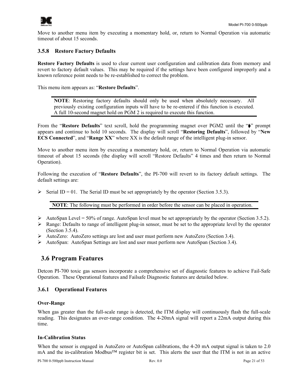 8 restore factory defaults, 6 program features, 1 operational features | Restore factory defaults, Program features, Operational features | Detcon PI-700 0-500ppb User Manual | Page 25 / 59