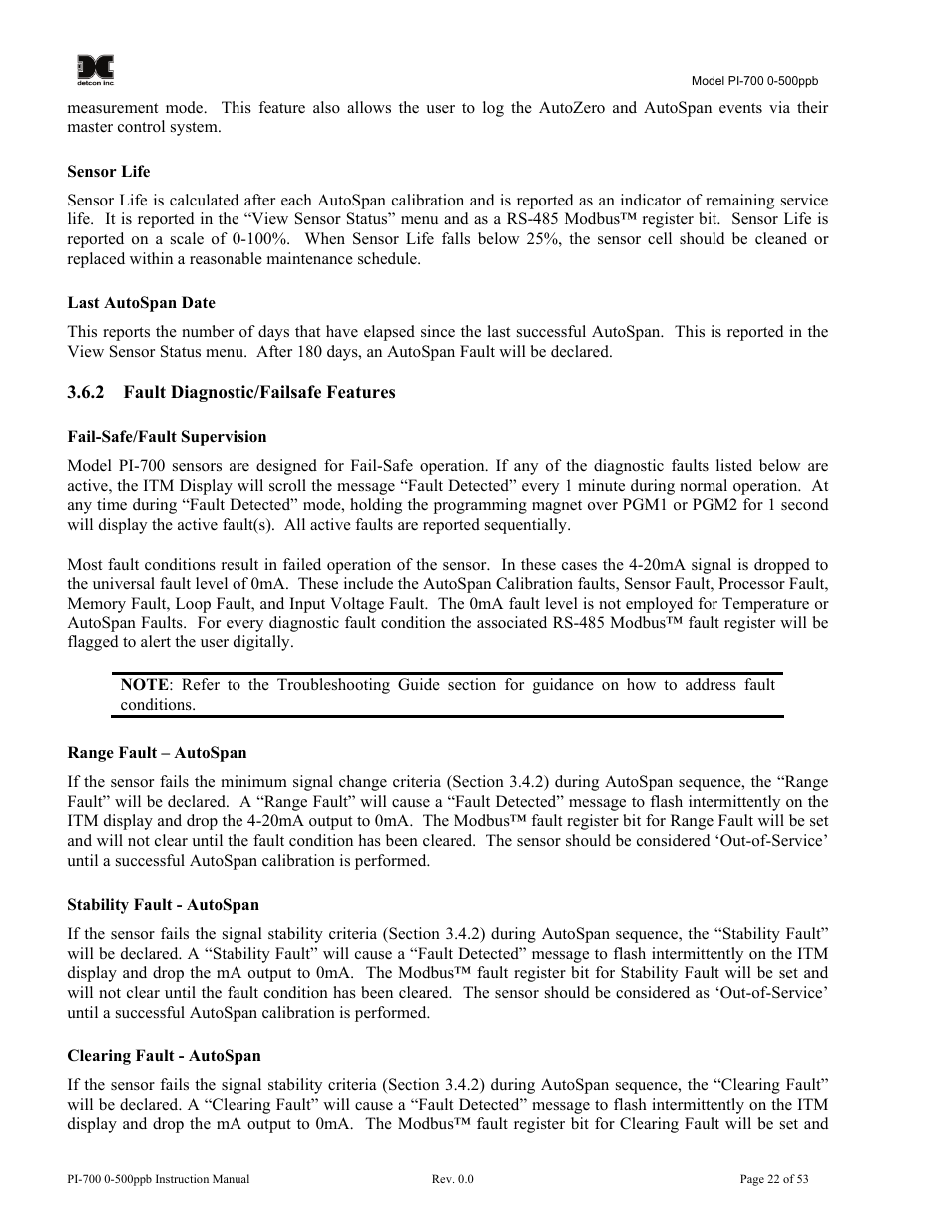 2 fault diagnostic/failsafe features, Fault diagnostic/failsafe features | Detcon PI-700 0-500ppb User Manual | Page 26 / 59