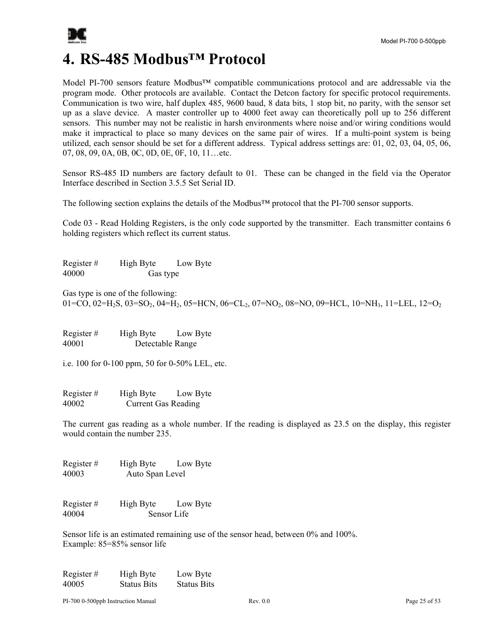 Rs-485 modbus™ protocol | Detcon PI-700 0-500ppb User Manual | Page 29 / 59