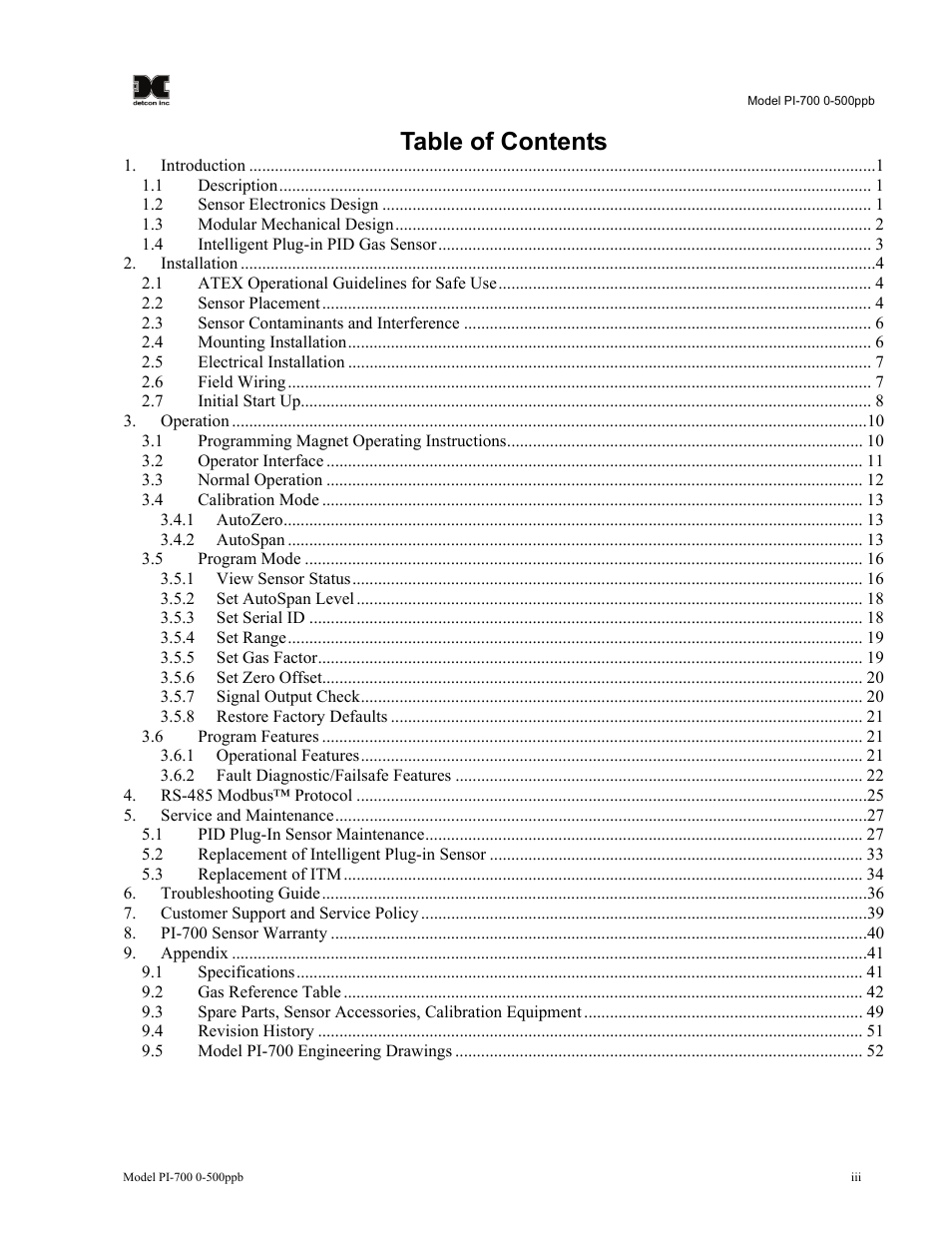 Detcon PI-700 0-500ppb User Manual | Page 3 / 59