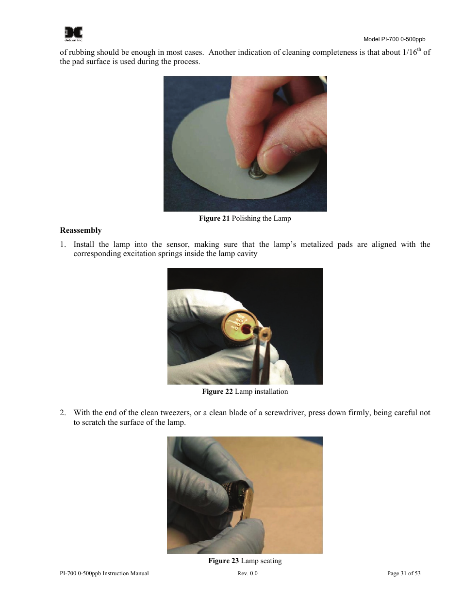 Figure 20 polishing the lamp, Figure 21 lamp installation, Figure 22 lamp seating | Detcon PI-700 0-500ppb User Manual | Page 35 / 59