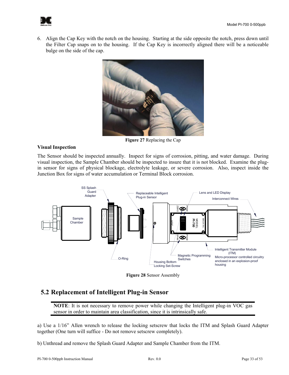 2 replacement of intelligent plug-in sensor, Replacement of intelligent plug-in sensor, Figure 26 replacing the cap | Figure 27 sensor assembly | Detcon PI-700 0-500ppb User Manual | Page 37 / 59