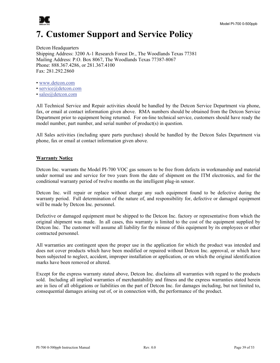 Customer support and service policy | Detcon PI-700 0-500ppb User Manual | Page 43 / 59