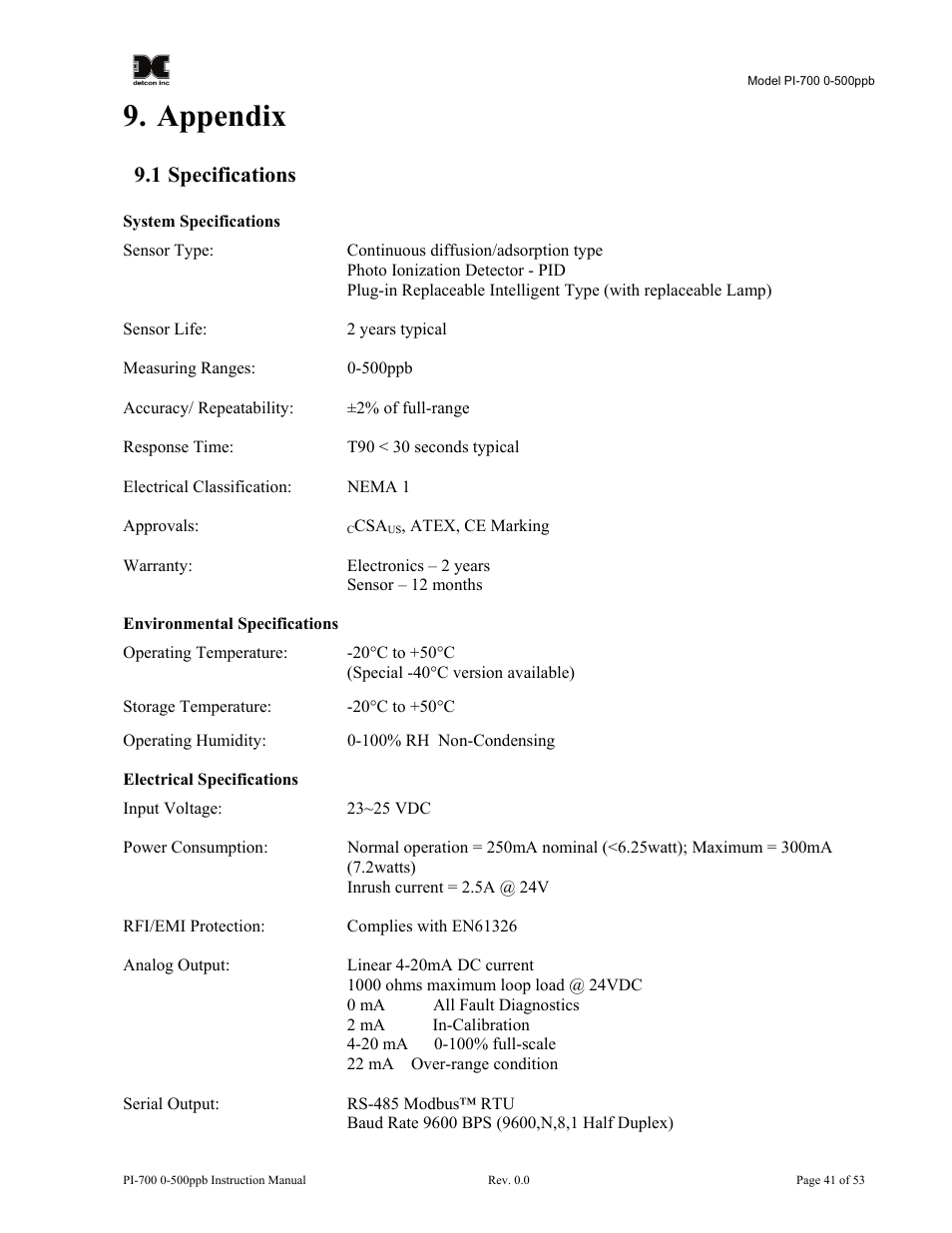 Appendix, 1 specifications, Specifications | Detcon PI-700 0-500ppb User Manual | Page 45 / 59