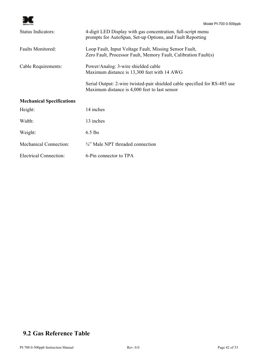 2 gas reference table, Gas reference table | Detcon PI-700 0-500ppb User Manual | Page 46 / 59