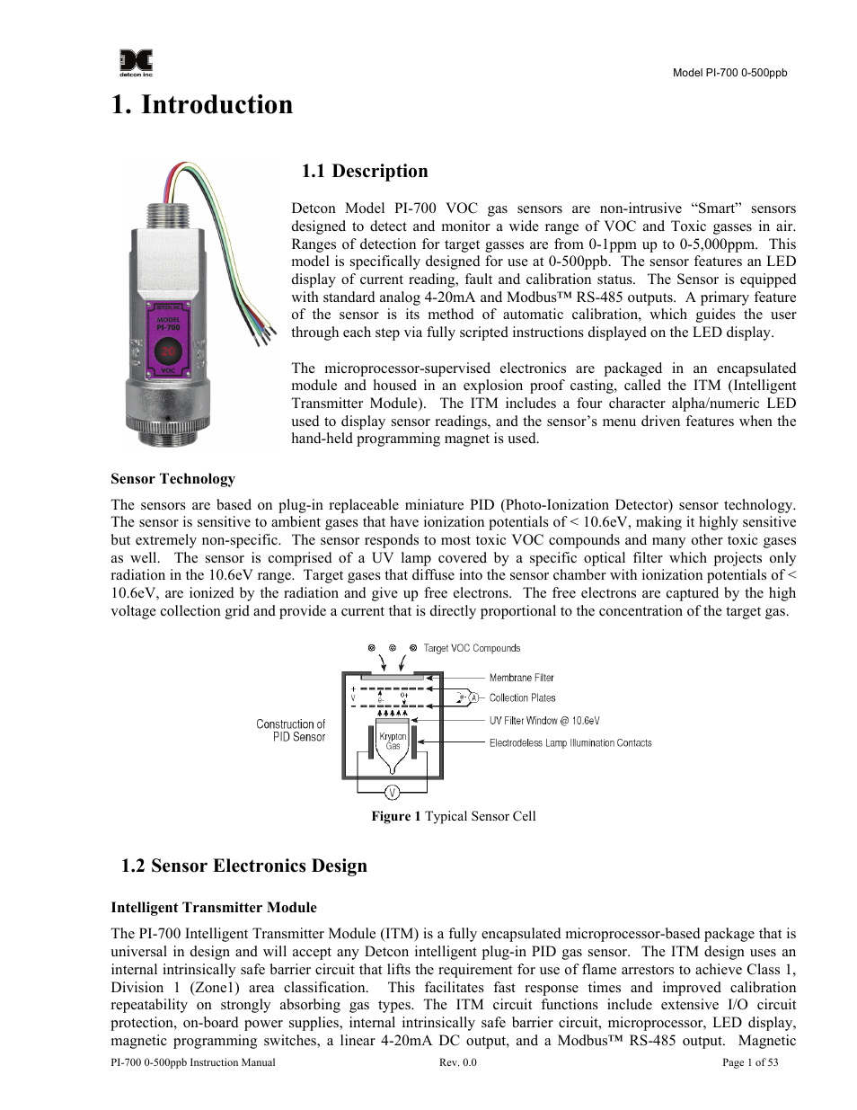 Introduction, Description, 2 sensor electronics design | Sensor electronics design, Figure 1 typical sensor cell, 1 description | Detcon PI-700 0-500ppb User Manual | Page 5 / 59