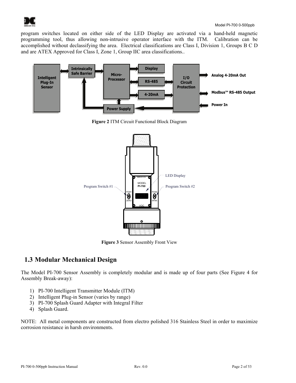 3 modular mechanical design, Modular mechanical design, Figure 2 itm circuit functional block diagram | Figure 3 sensor assembly front view | Detcon PI-700 0-500ppb User Manual | Page 6 / 59