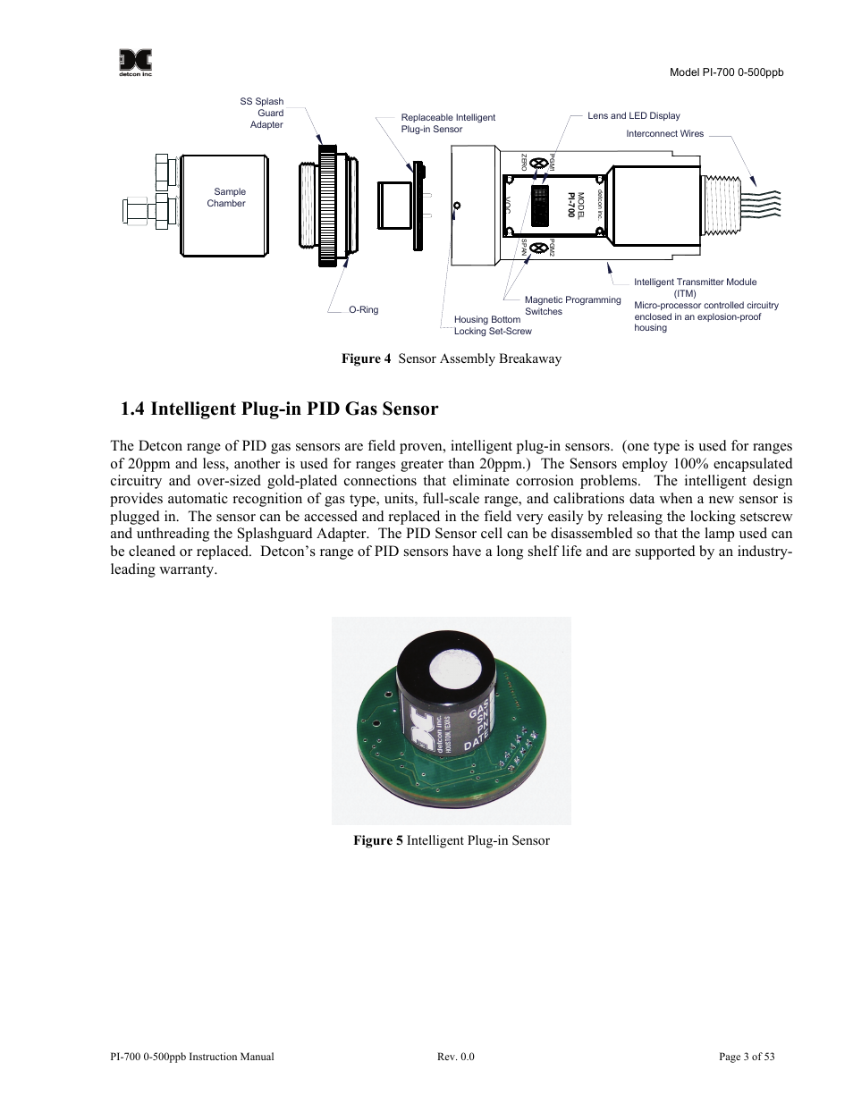 4 intelligent plug-in pid gas sensor, Intelligent plug-in pid gas sensor, Figure 4 sensor assembly breakaway | Figure 5 intelligent plug-in sensor | Detcon PI-700 0-500ppb User Manual | Page 7 / 59