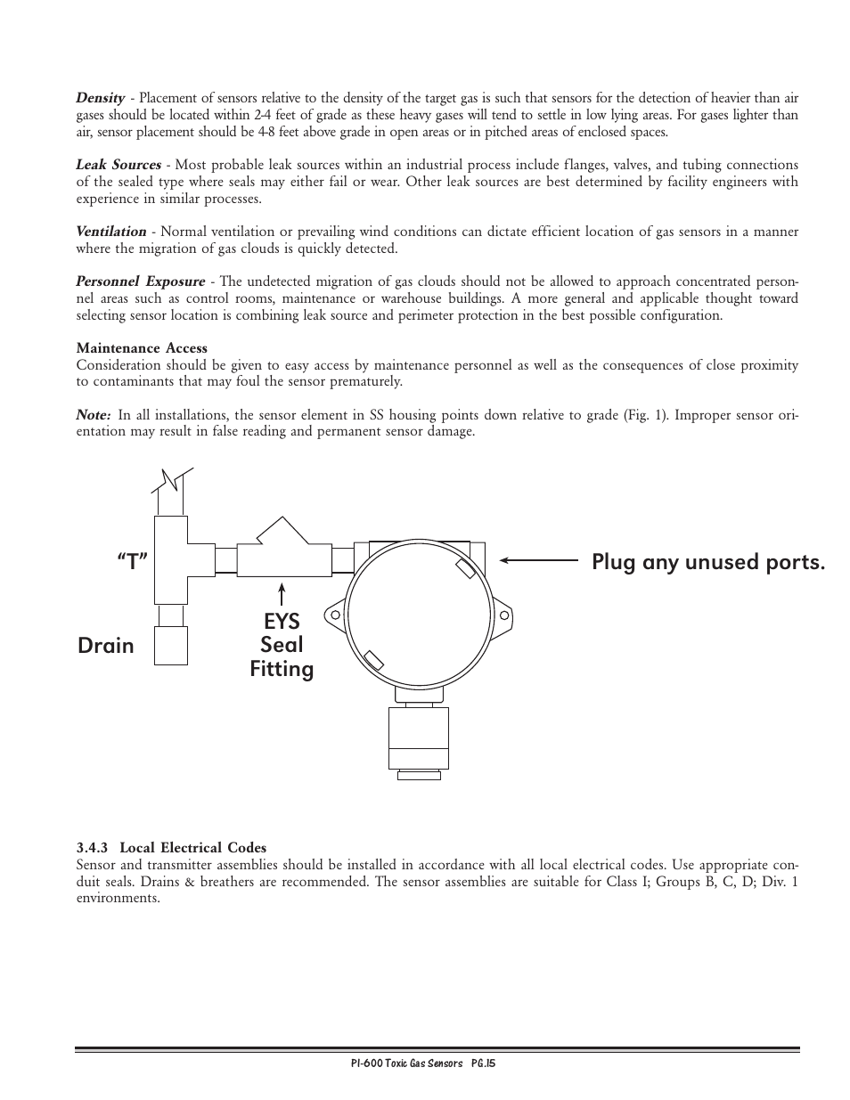 Eys seal fitting drain “t” plug any unused ports | Detcon PI-600 User Manual | Page 15 / 37