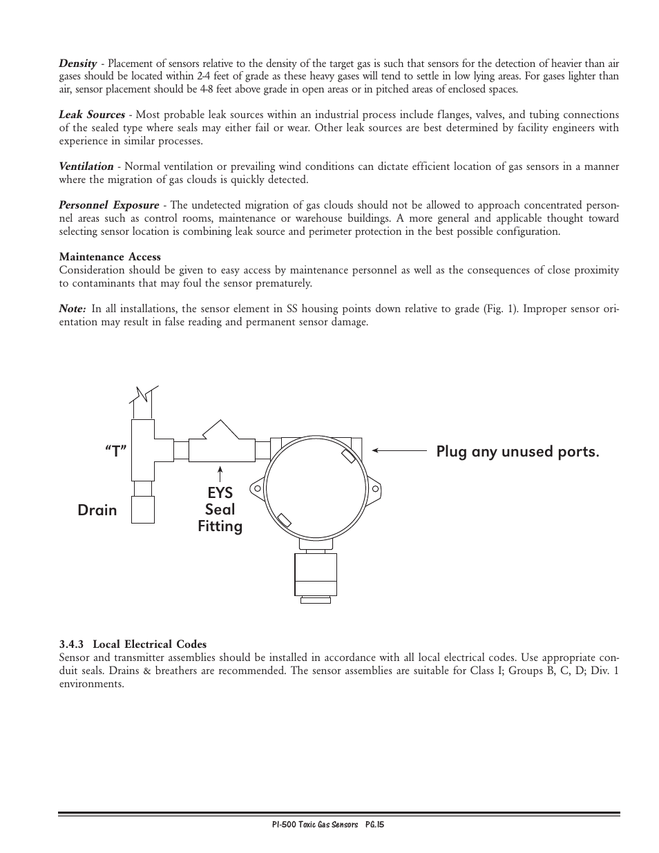 Eys seal fitting drain “t” plug any unused ports | Detcon PI-500 User Manual | Page 15 / 31