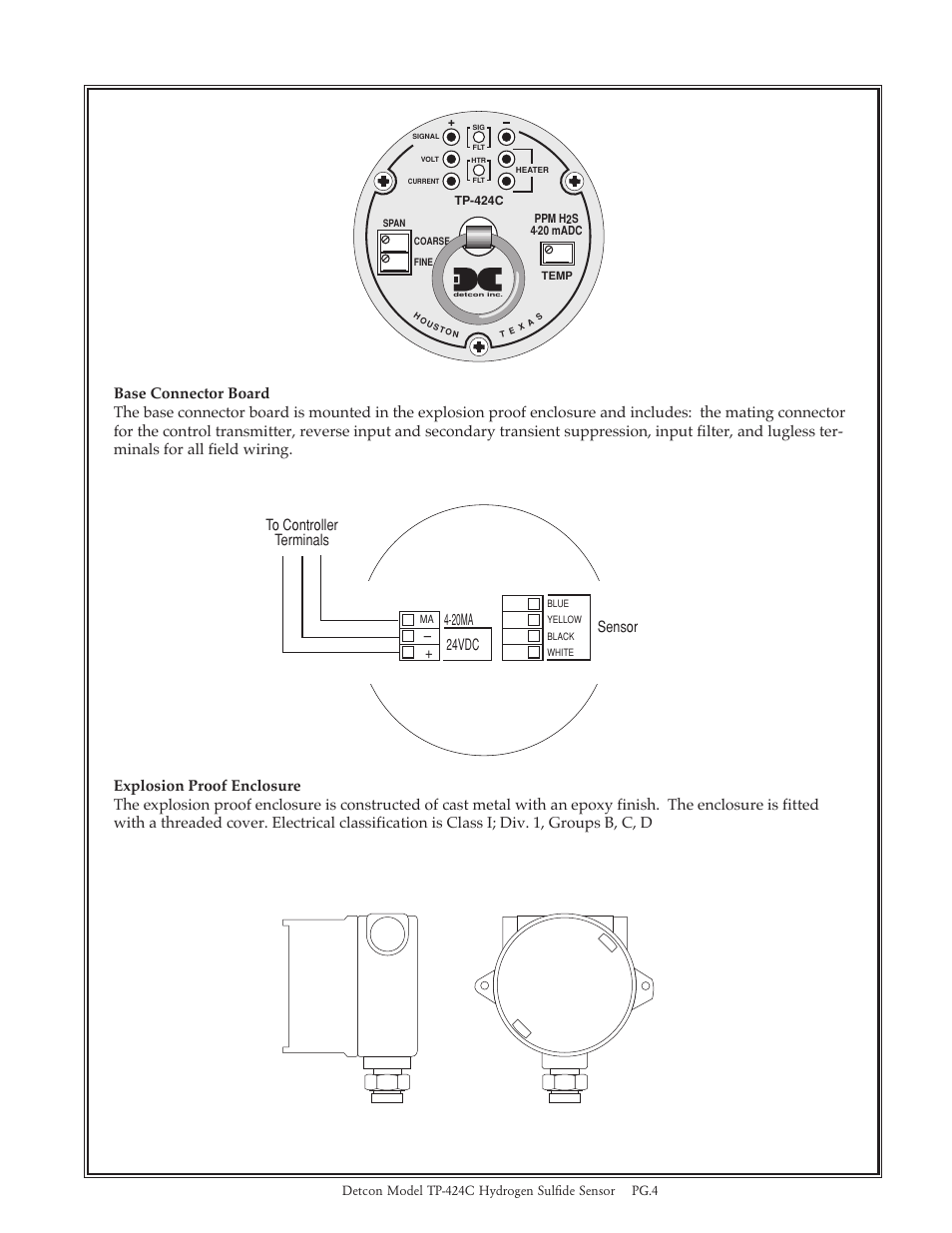 24vdc to controller terminals, Sensor – + 4-20ma, Detcon model tp-424c hydrogen sulfide sensor pg.4 | Detcon TP-424C User Manual | Page 4 / 15