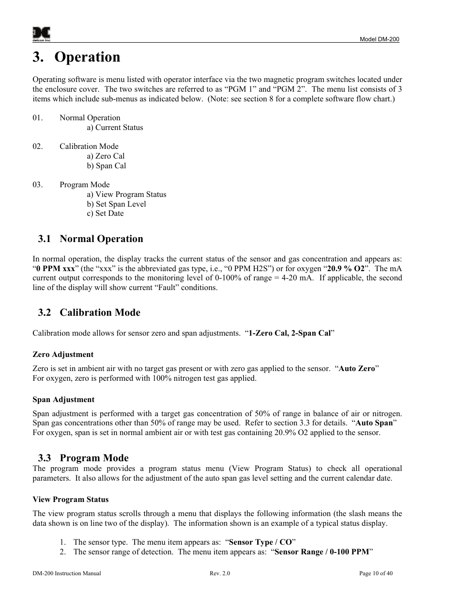 Operation, 1 normal operation, 2 calibration mode | 3 program mode, Normal operation, Calibration mode, Program mode | Detcon DM-200 User Manual | Page 14 / 50