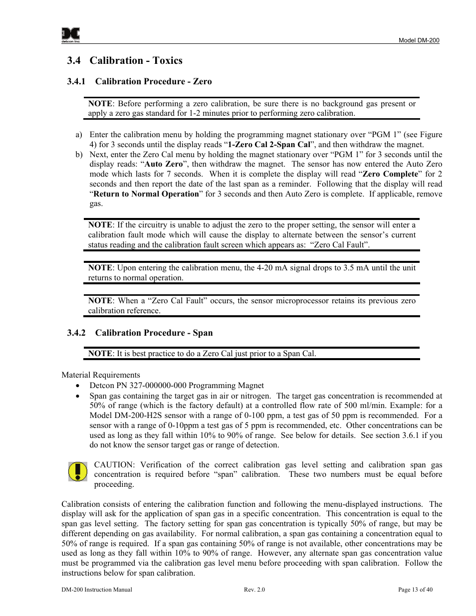 4 calibration - toxics, 1 calibration procedure - zero, 2 calibration procedure - span | Calibration - toxics, Calibration procedure - zero, Calibration procedure - span | Detcon DM-200 User Manual | Page 17 / 50