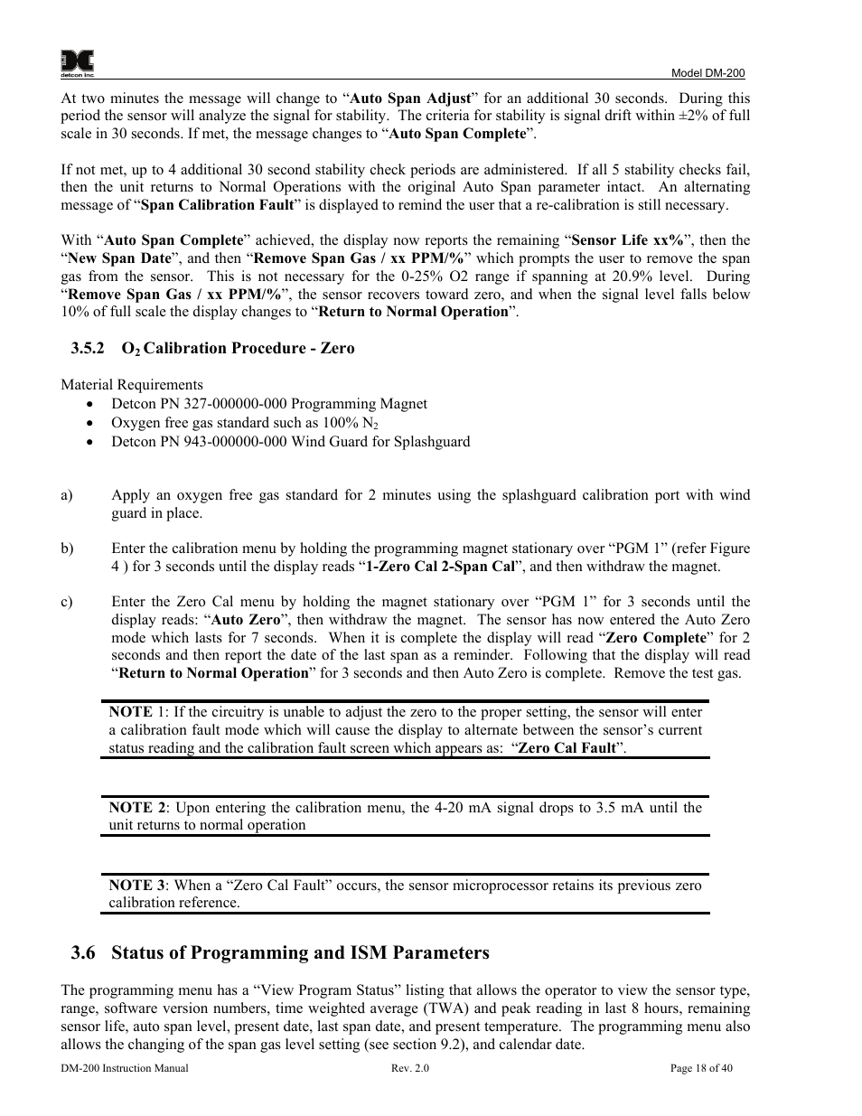 2 o2 calibration procedure - zero, 6 status of programming and ism parameters, Calibration procedure - zero | Status of programming and ism parameters | Detcon DM-200 User Manual | Page 22 / 50