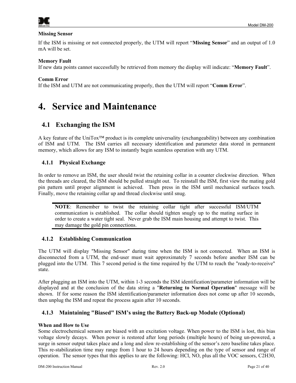 Service and maintenance, 1 exchanging the ism, 1 physical exchange | 2 establishing communication, Exchanging the ism, Physical exchange, Establishing communication | Detcon DM-200 User Manual | Page 25 / 50