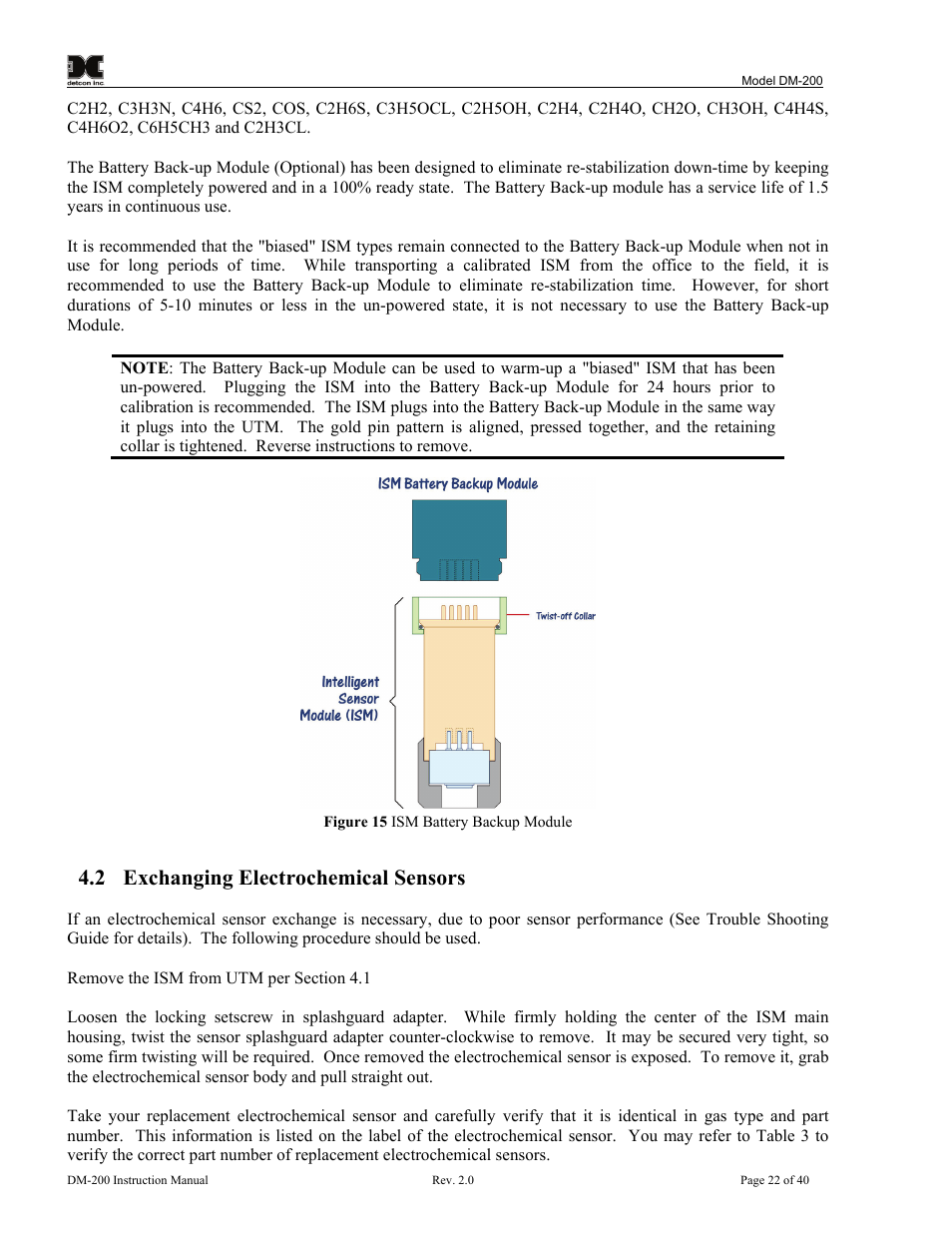 2 exchanging electrochemical sensors, Exchanging electrochemical sensors, Figure 16 ism battery backup module | Detcon DM-200 User Manual | Page 26 / 50