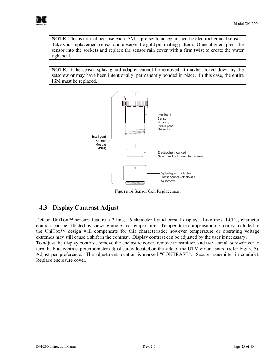 3 display contrast adjust, Display contrast adjust, Figure 17 sensor cell replacement | Detcon DM-200 User Manual | Page 27 / 50