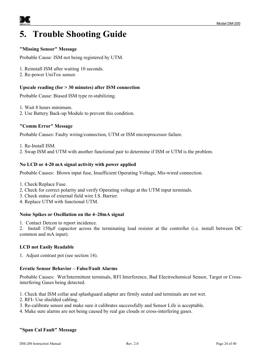 Trouble shooting guide | Detcon DM-200 User Manual | Page 28 / 50