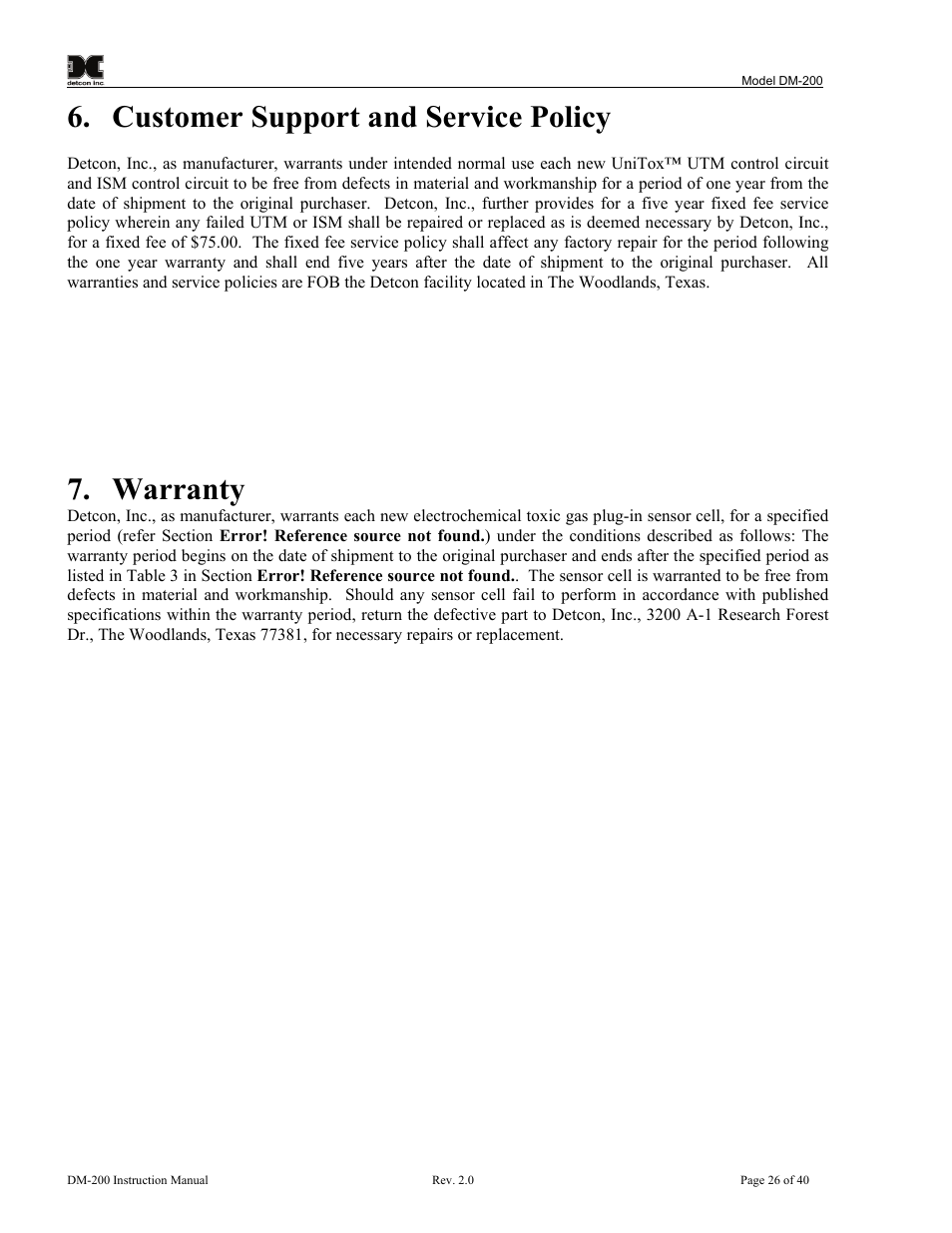 Customer support and service policy, Warranty | Detcon DM-200 User Manual | Page 30 / 50