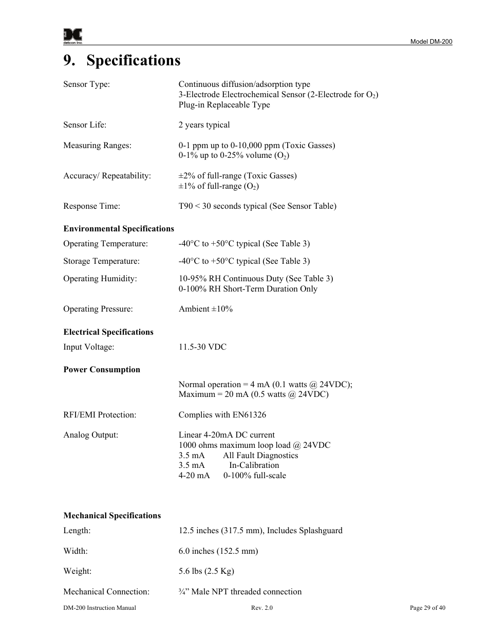 Specifications | Detcon DM-200 User Manual | Page 33 / 50