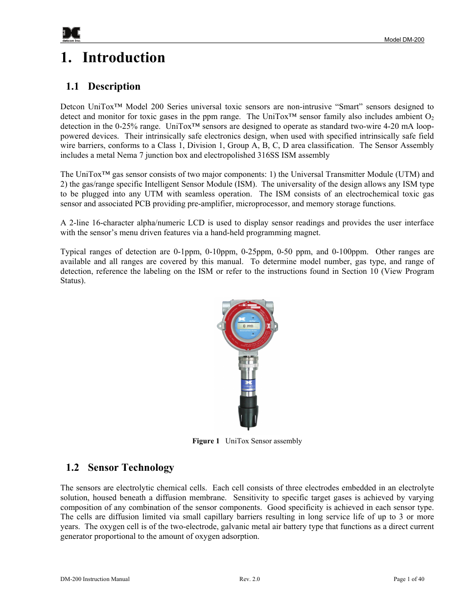 Introduction, 1 description, 2 sensor technology | Description, Sensor technology, Figure 1 unitox sensor assembly | Detcon DM-200 User Manual | Page 5 / 50