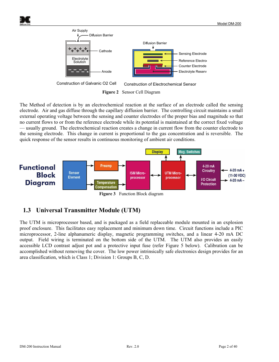 3 universal transmitter module (utm), Universal transmitter module (utm), Figure 2 sensor cell diagram | Figure 3 function block diagram | Detcon DM-200 User Manual | Page 6 / 50