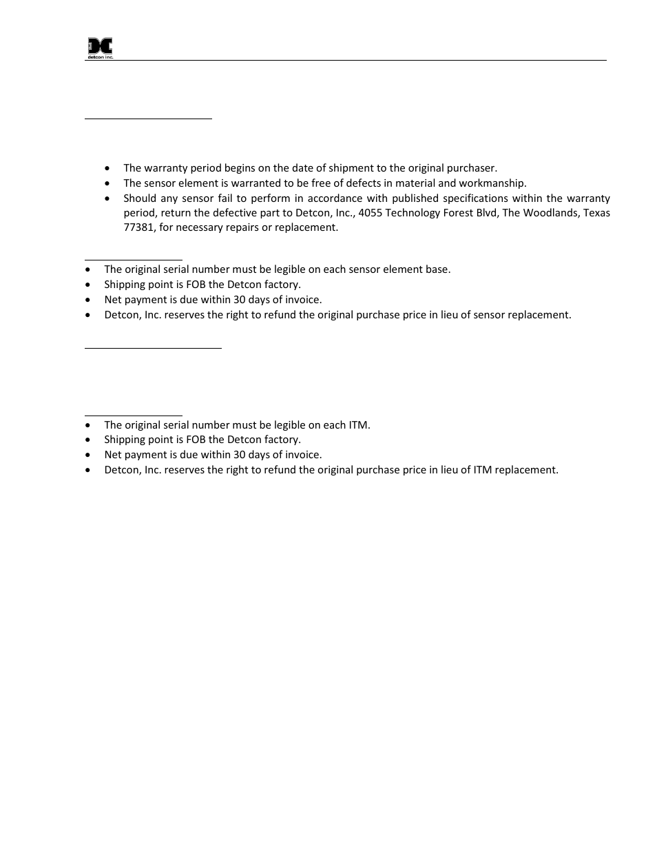 Dm-100 sensor warranty | Detcon DM-100 User Manual | Page 31 / 44