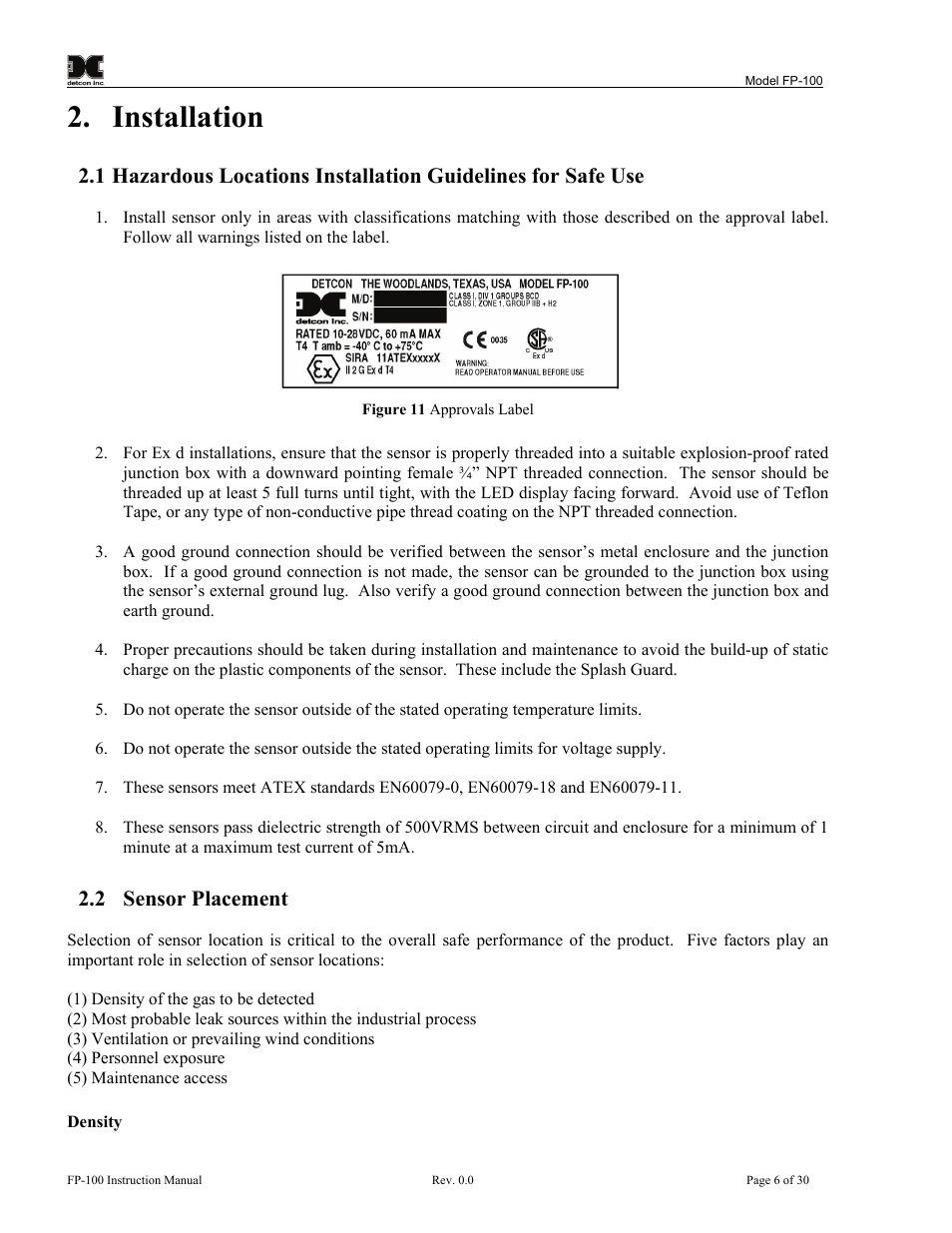 Installation, Sensor placement, Figure 11 approvals label | 2 sensor placement | Detcon FP-100 User Manual | Page 10 / 34