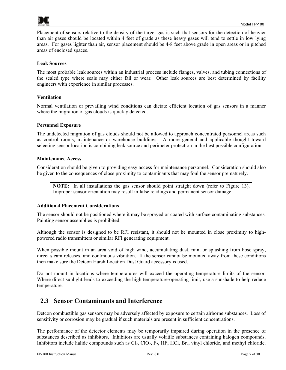 Sensor contaminants and interference, 3 sensor contaminants and interference | Detcon FP-100 User Manual | Page 11 / 34