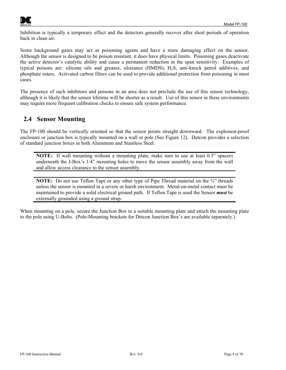 Sensor mounting, 4 sensor mounting | Detcon FP-100 User Manual | Page 12 / 34