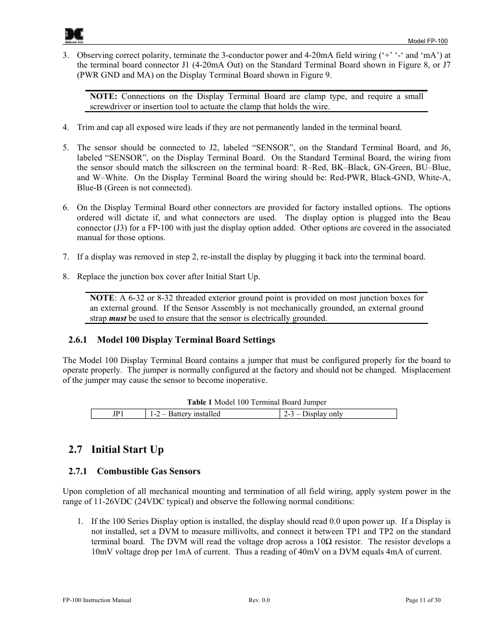 Model 100 display terminal board settings, Initial start up, Toxic gas sensors | Table 2 model 100 terminal board jumper, 7 initial start up | Detcon FP-100 User Manual | Page 15 / 34