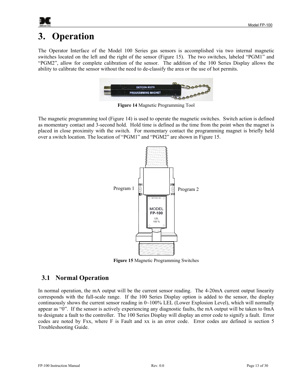 Operation, Normal operation, Figure 14 magnetic programming tool | Figure 15 magnetic programming switches, 1 normal operation | Detcon FP-100 User Manual | Page 17 / 34