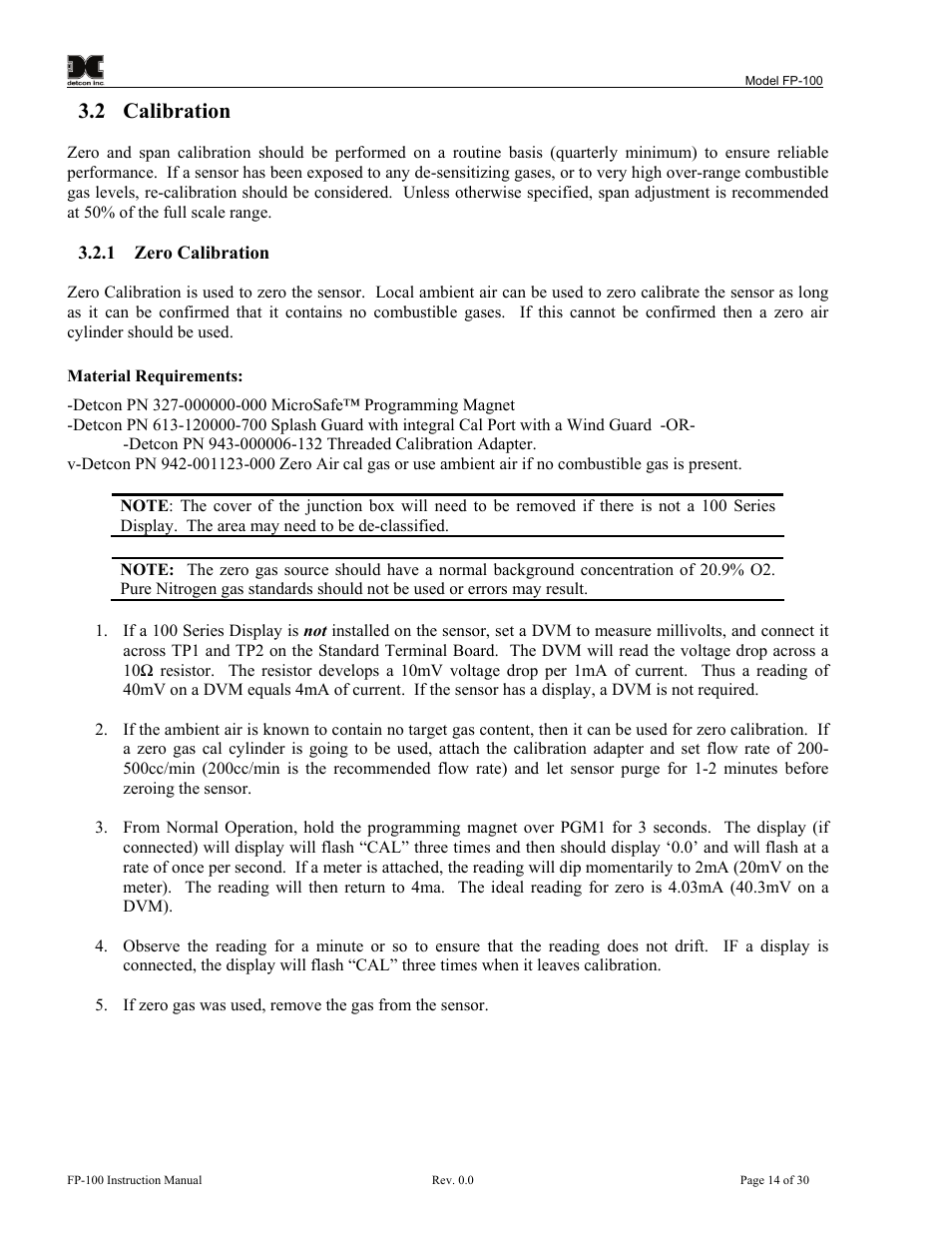 Calibration, Zero calibration, 2 calibration | Detcon FP-100 User Manual | Page 18 / 34